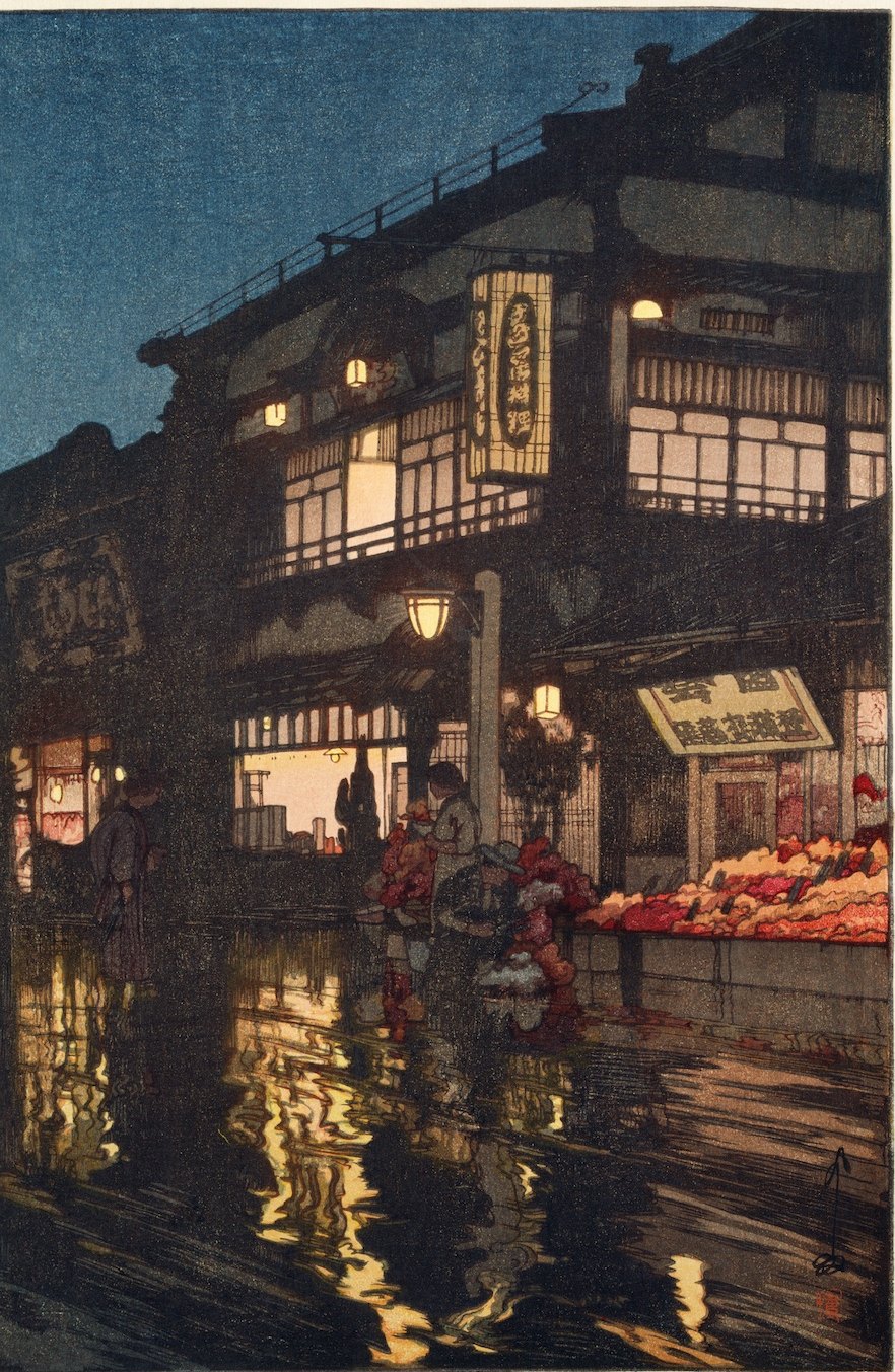 Woodblock print of a Tokyo shopping street at night after rain, warm shop lights reflecting on the wet road as people walk home.